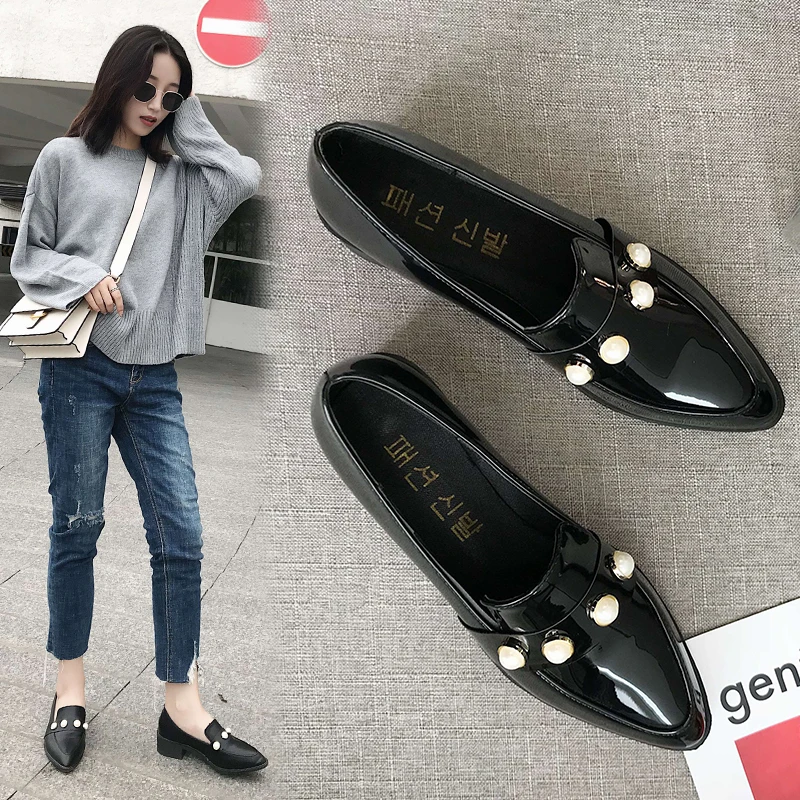 

Japanned Leather pointed toe oxfords glitter pearls slip-on loafers flat heels ladies shoes famous brand cozy zapatos de mujer