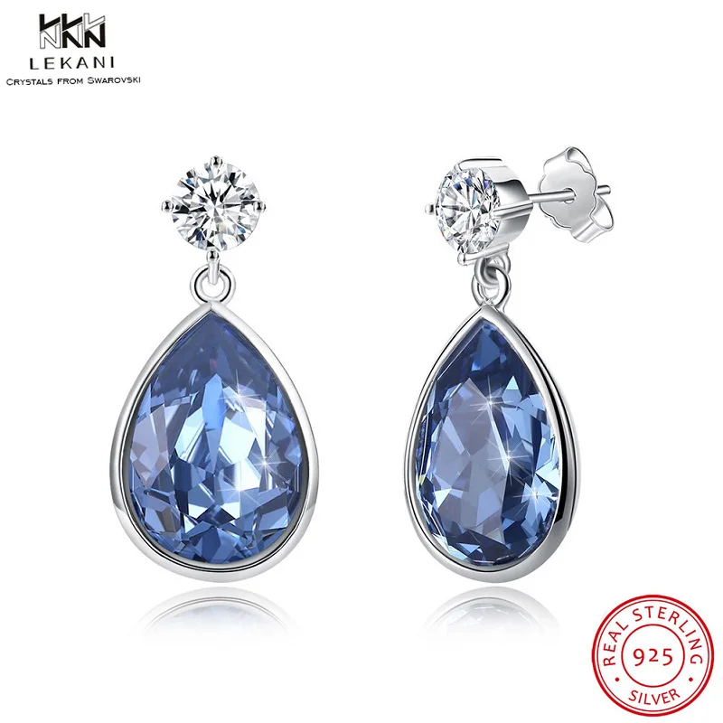 Серьги-капли LEKANI с кристаллами Swarovski, 925 капли воды, синие поп серьги, романтический геометрический подарок, ювелирные изделия из бутика