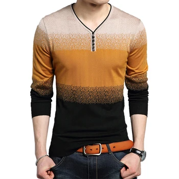 

Fashion Henry Collar Sweater Men Cotton Striped Print Pullover V-Neck Winter Top