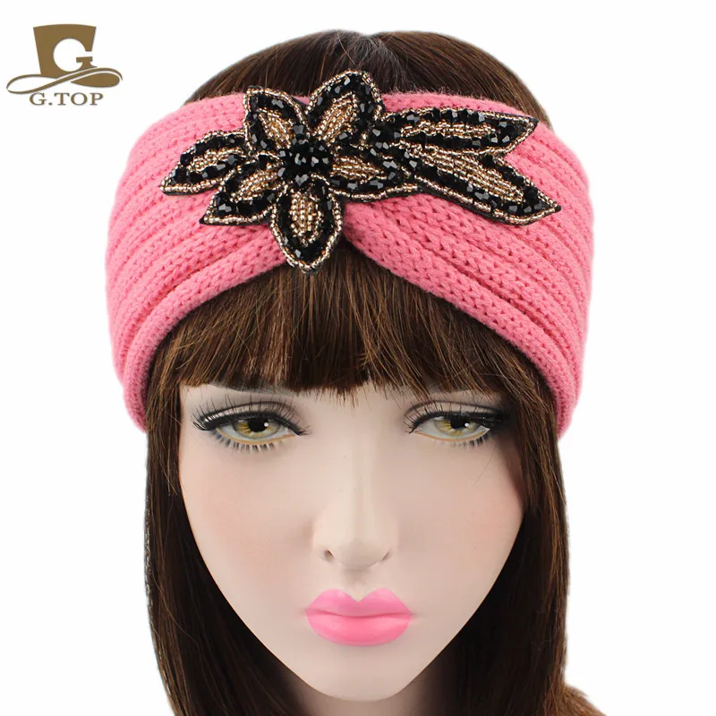 2017 new fashion women Beaded Flower Jewel Knit Headband Hairband ...