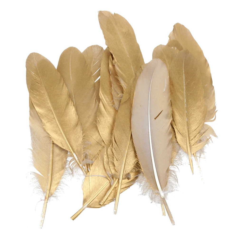 fityle 24pcs Natural Goose Feather for DIY Crafts Hat Making Paty Decoration 15-20cm White and Gold