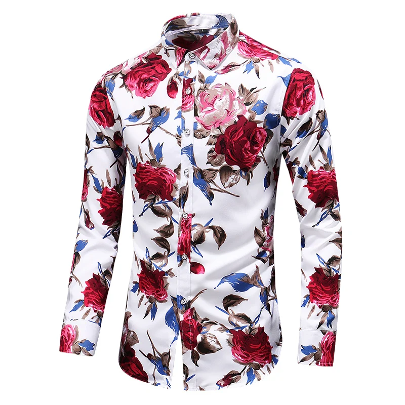 

2019 Autumn Men Slim Floral Print Long Sleeve Shirts Fashion Brand Party Holiday Casual Dress Flower Shirt Homme Plus Size 7XL