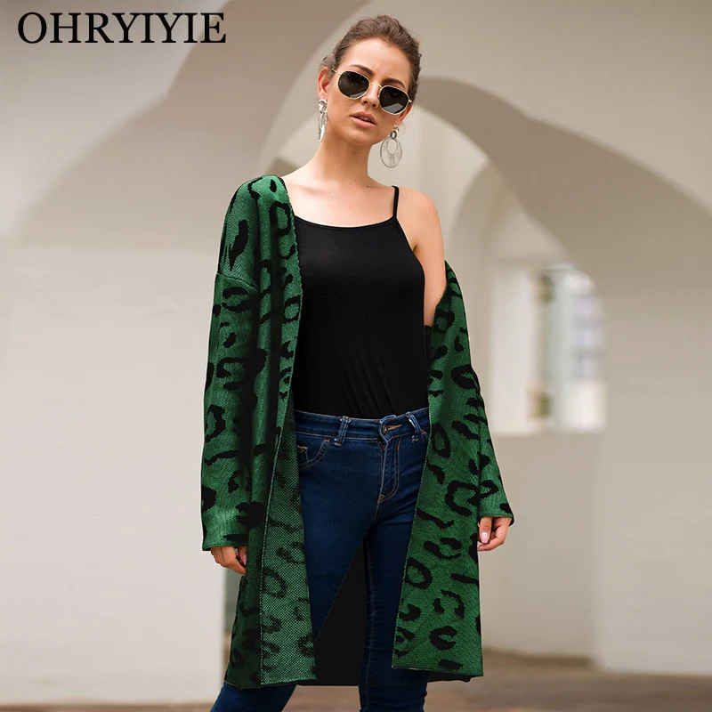 

OHRYIYIE Leopard Printed Loose Cardigan Sweater Women 2019 Autumn Winter Long Sleeve Knitted Sweaters Lady Outerwear Coat Femme