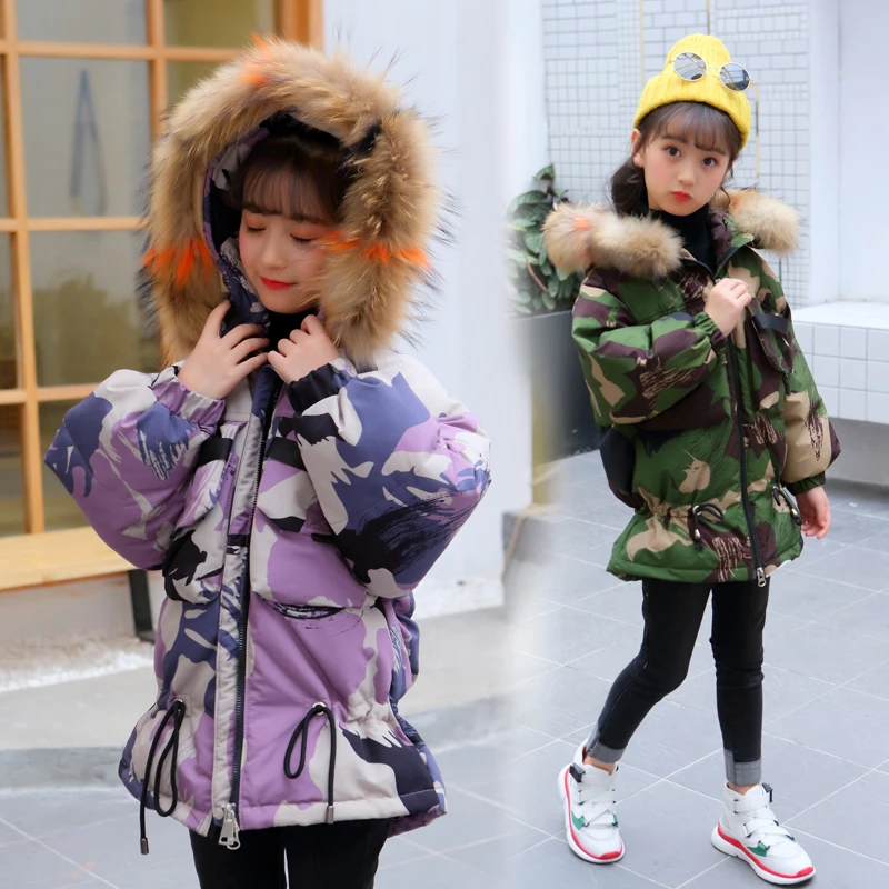 

2019 New Children camouflage Jacket Girl Winter Coat Kids Warm Thick Fur Collar Hooded long down Coats For Teenage 6 8 10 12 14