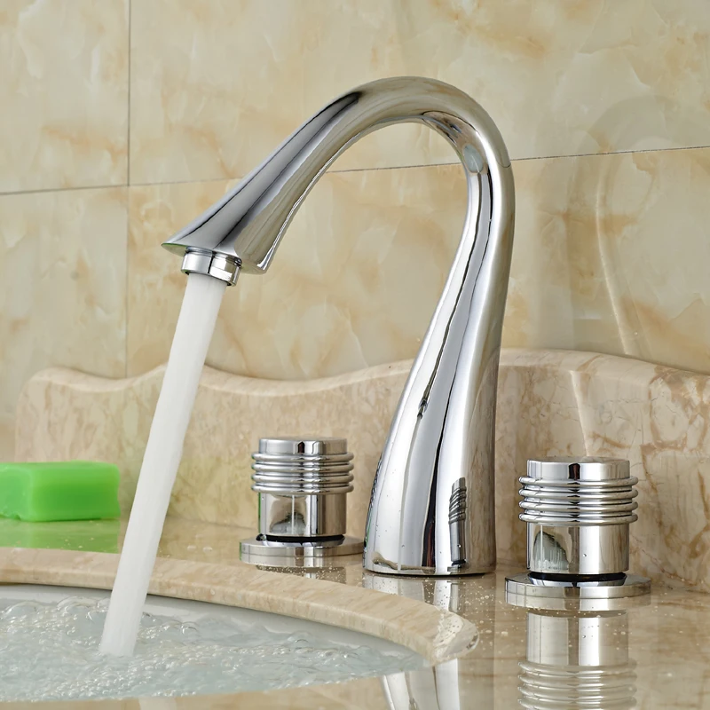 

New Desing Goose Neck Widespread Basin Faucet Tap Dual Handle Deck Mount Mixer Taps Chrome Finished