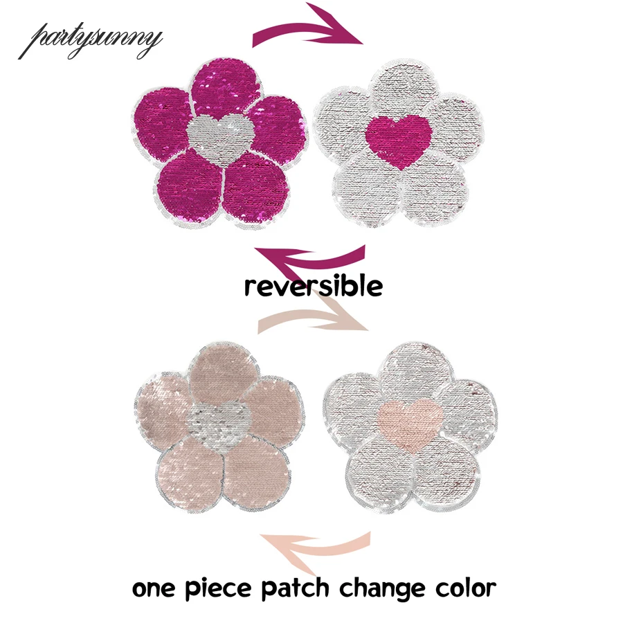 PARTYSUNNY 1PC Flower Reversible Change Color Sequins Patches DIY Sew On Patches for Clothes