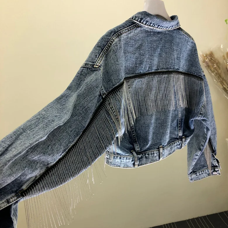 Fashion heavy duty tassel small chain wash short jacket denim women's jacket Autumn bat short sleeve jeans jacket woman