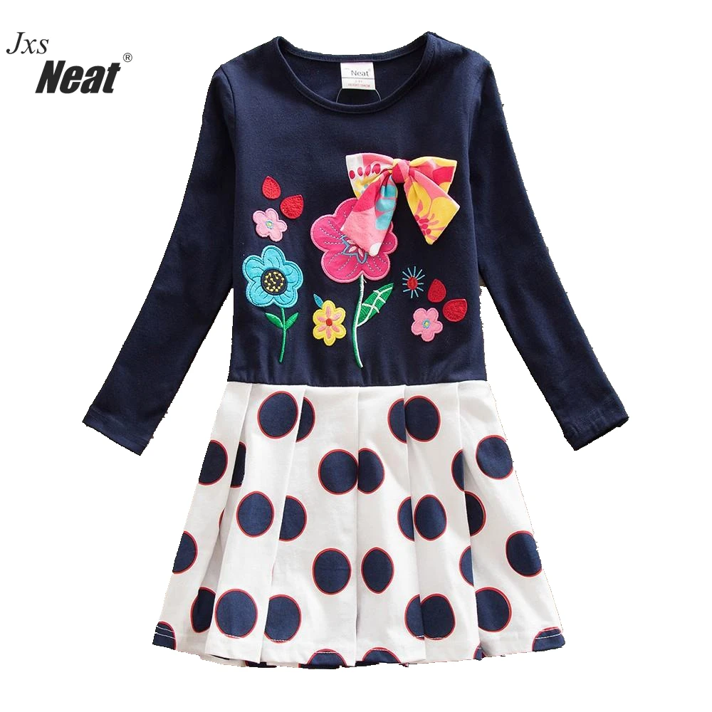 

NEAT 2017 retail new baby girl long sleeve dress flower bow 100% cotton girl dress Princess birthday children's clothing LH5801