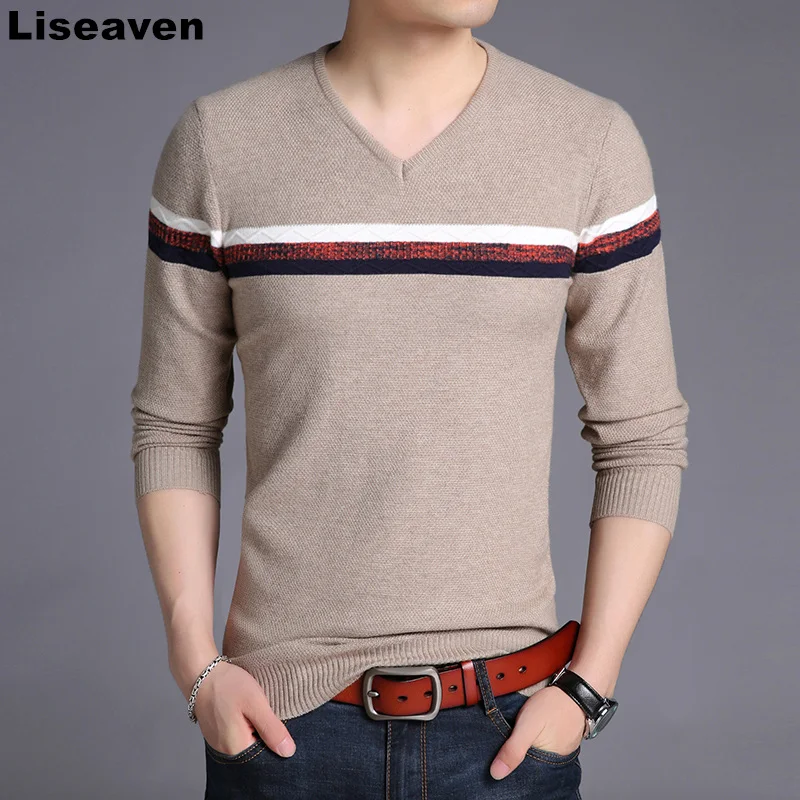 Liseaven осенне-зимний свитер с v-образным вырезом пуловер для мужчин Slim Fit трикотажный вязаный свитер