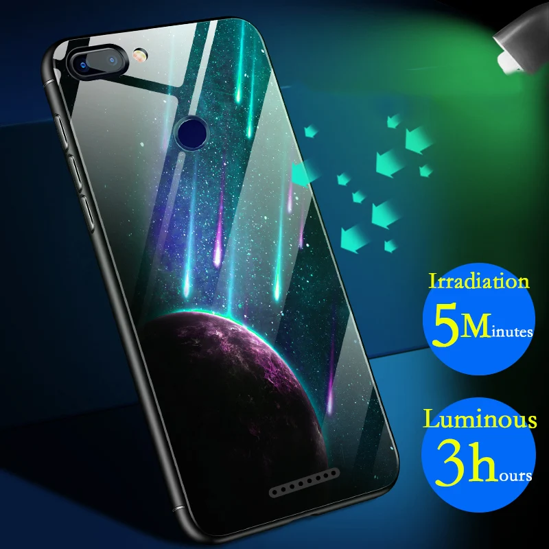 Luminous Case For Xiaomi Mi 8 Lite A1 A2 Lite 6 Glass Back Cover Case For Xiaomi Redmi 5 5 Plus 6A 6 Pro Note 4 4X 5 5 Pro Coque