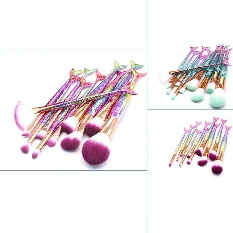 

10PCS Mermaid Makeup Brushes Foundation Eyebrow Eyeliner Blush Powder Cosmetic Concealer Professional Makeup Brushes Set