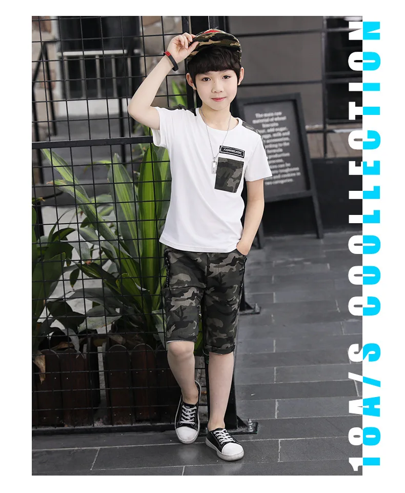 Summer Boys Comouflage Clothing Sets Short-Sleeve Shirts+Pants Clothes Sets For Kids Sports Suits Teenager Tracksuits