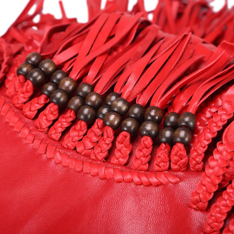 Римский стиль, кожаная плетеная Сумка с кисточками, багрная кожаная сумка на одно плечо, красная сумка