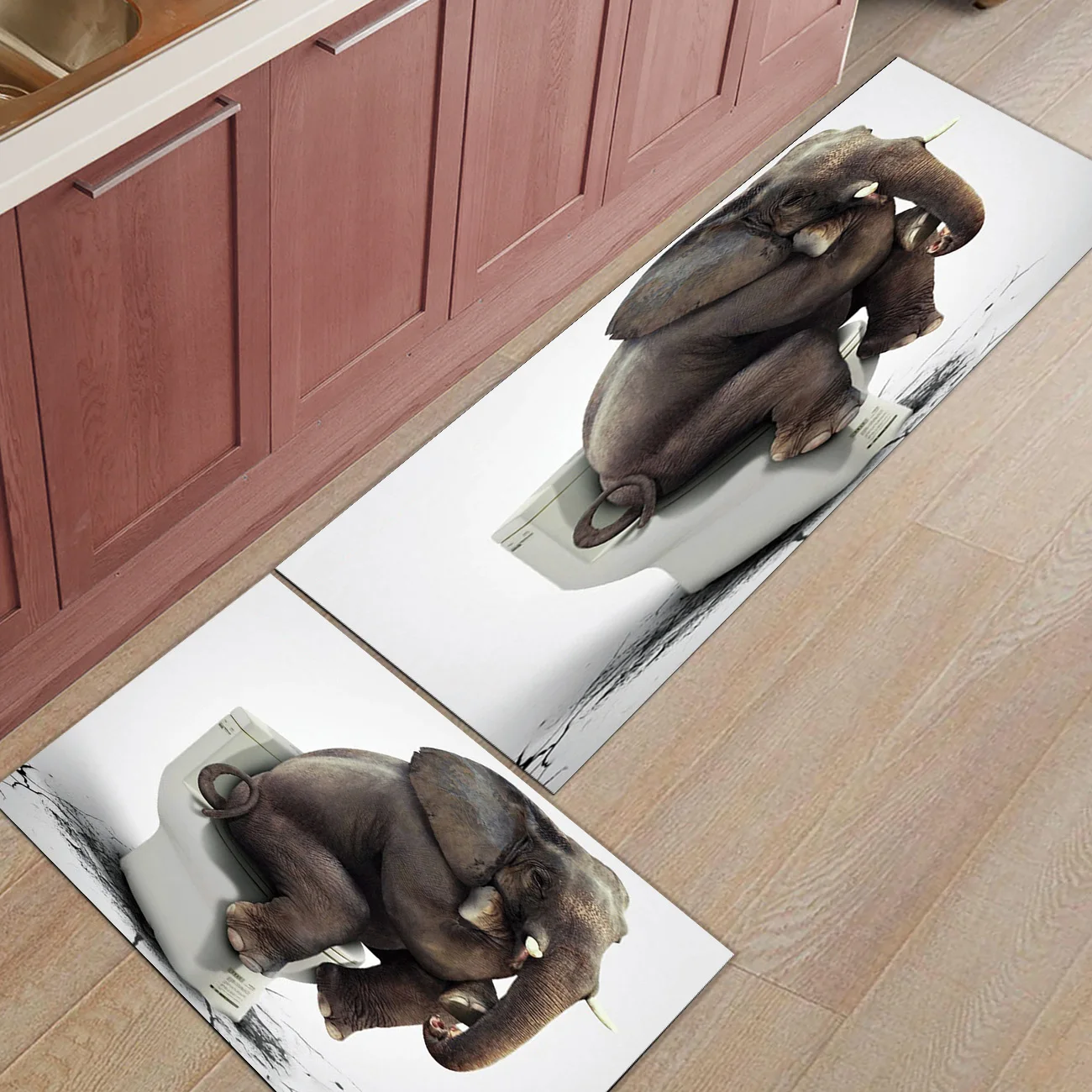 2pcs/set Elephant Sitting on the Toilet Doormat Entrance Front Door Rug