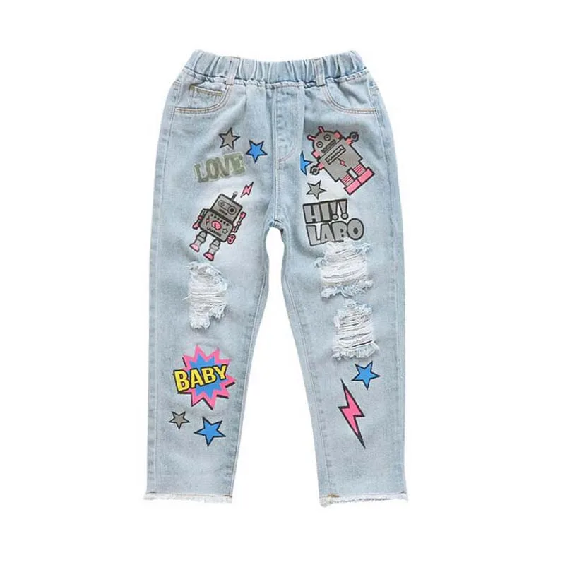 

Girls Loose Cartoon Jeans with holes Printed Jeans Sports pants new boys long denim pants spring summer big kids jeans 4-12Years