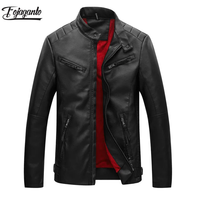 

FOJAGANTO Brand Male Leather Jacket Fleece Autumn Motorcycle Warm Men Winter Jacket Solid Color Men's Jackets Coat