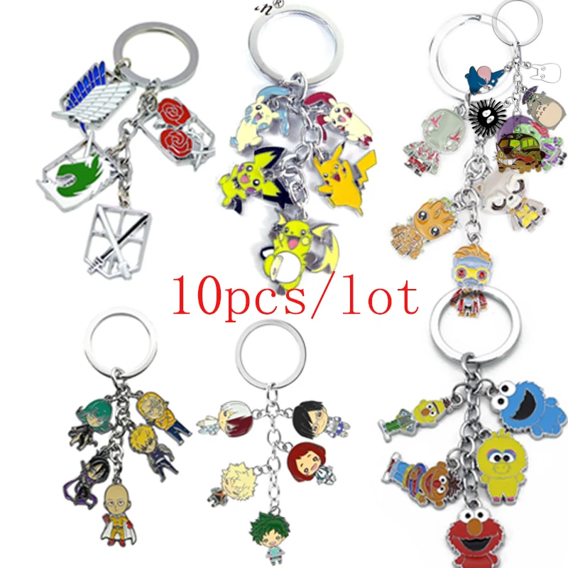 

10PCS Anime Figure Pokemon Go Keychain Cartoon One punch man Totoro Metal Pendant Key Chain Key Ring Kids Key Holder Gift