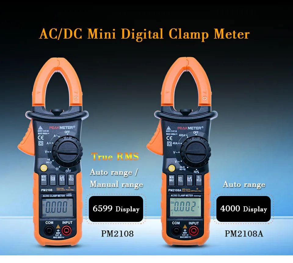 Peakmeter PM2108 цифровой клещи 6600 отсчетов автоматический и ручной диапазон AC/DC мини мультиметр AC DC Напряжение Ток Сопротивление