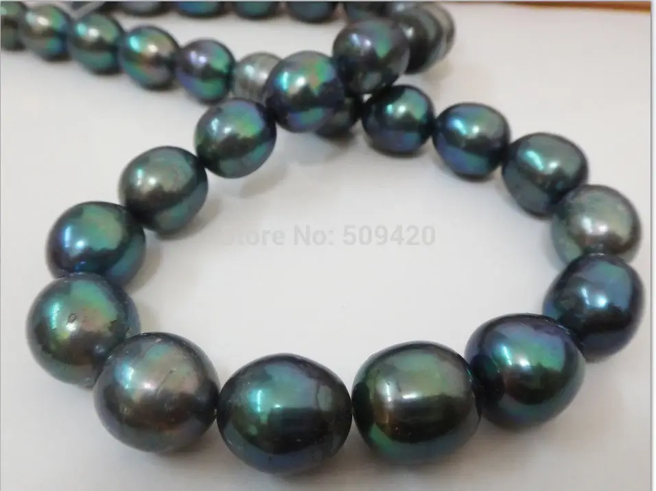 

17"6-12MM NATURAL TAHITIAN GENUINE BLACK PEACOCK GREEN OVAL PEARL NECKLACE