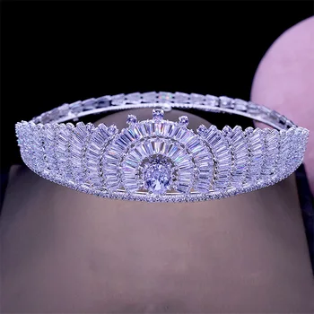 

SLBRIDAL Crystals Copper Alloy Cubic Zircon Full Round Wedding Tiara CZ Bridal Queen Princess Pageant Party Crown Bridesmaids