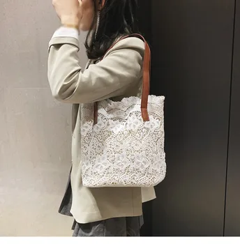 

2019 Fashion Women's Handbag Literary Hollow Lace Ladies Shoulder Bag Versatile Large Capacity Composite Shoulder Bag