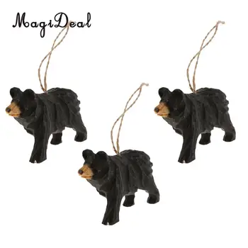 

3pcs Hand Carved Black Bear Hanging Animal Statue Figurines Sculpture Wooden Hanging Ornament Home Garden Rustic Decorations