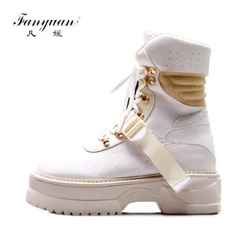 

Fanyuan Autumn Winter Shoes Woman Platform Lace Up Square Heels Genuine Leather Women Boots Designer Woman Knight Ankle Boots