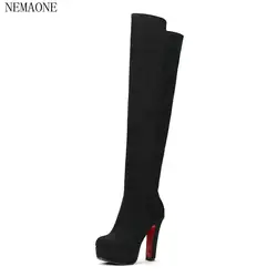 Nemaone Размеры 34–43 Новый весна-осень женские облегающие высокие ботинки на платформе с круглым носком 11.5 см тонком Обувь на высоком каблуке