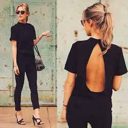 2016 Новая Милая женская блузка 2016 модная черная с открытой спиной, пикантный топ с коротким рукавом женская летняя одежда