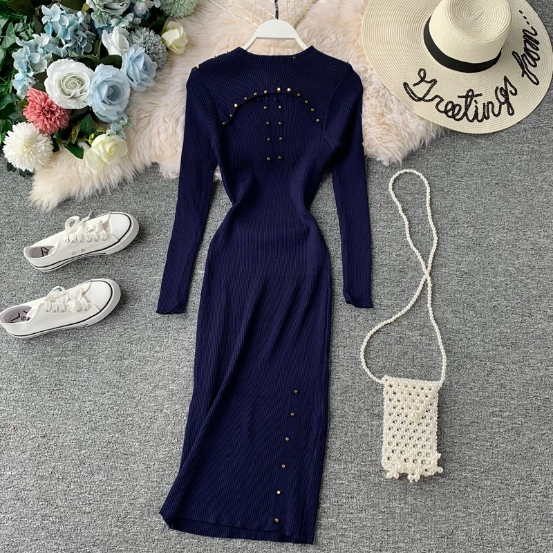 

New Vintage Slim Autumn Winter Hollow Out Bodycon Knit Sweater Midi Pencil Dress Party Women Casual Sheath Long Sleeve Vestidos