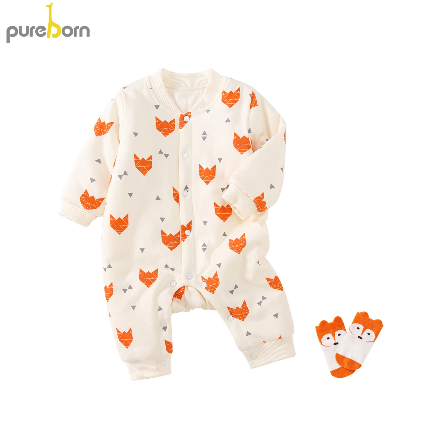 

Pureborn Baby Romper+Sock 2 pieces Baby Girl And Boy Romper Fox Cartoon Cotton Long Sleeve Spring Autumn Romper