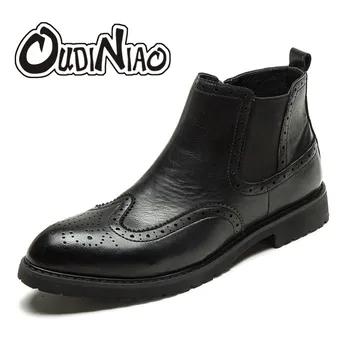 

OUDINIAO Mens Boots Hot Sale Slip On Shoes Men British Brogue Chelsea Ankle Boots Men Sewing Round Toe Men Boots Stretch Fabric