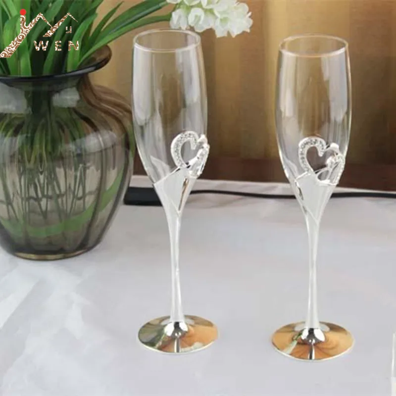 Free Shipping Silver Finish Metal Heart Shape Champagne Glass With Diamonds, Champagne Flute For