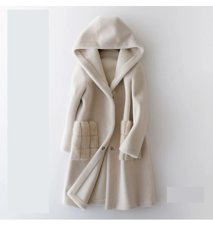 Пальто из овечьей шерсти зимнее женское пальто из овечьей шерсти Меховая куртка из меха норки с карманом из искусственной кожи корейские элегантные длинные белые женские топы