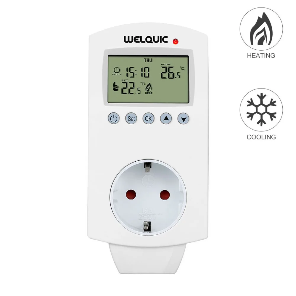 

Welquic Plug-in Thermostat Heating Cooling 5-2 Day Programmable Temperature Controller Socket with Timing Function EU Plug