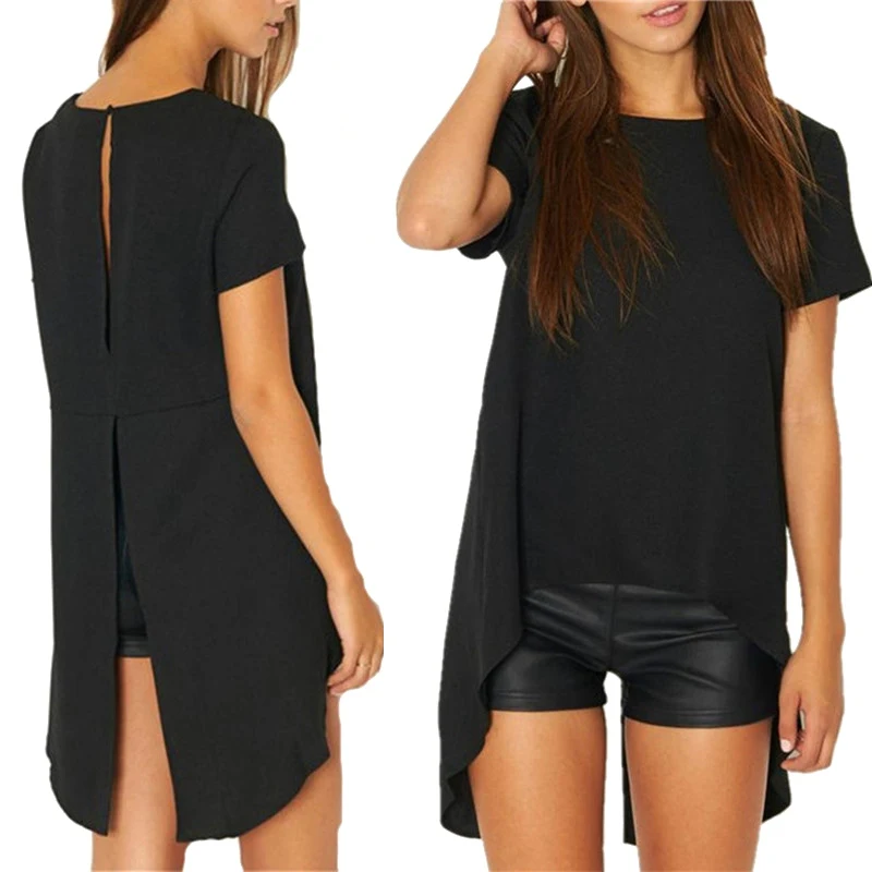 2018 Top Fashion Back Split Women Solid Black Short Sleeve Shirts