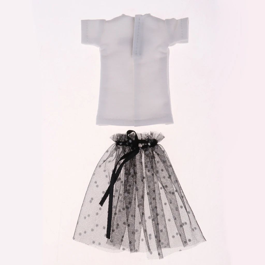 Stylish Long T-shirt Polka Dots Gauze Skirt Set for Blythe Azone Licca Dolls Clothing Accessories