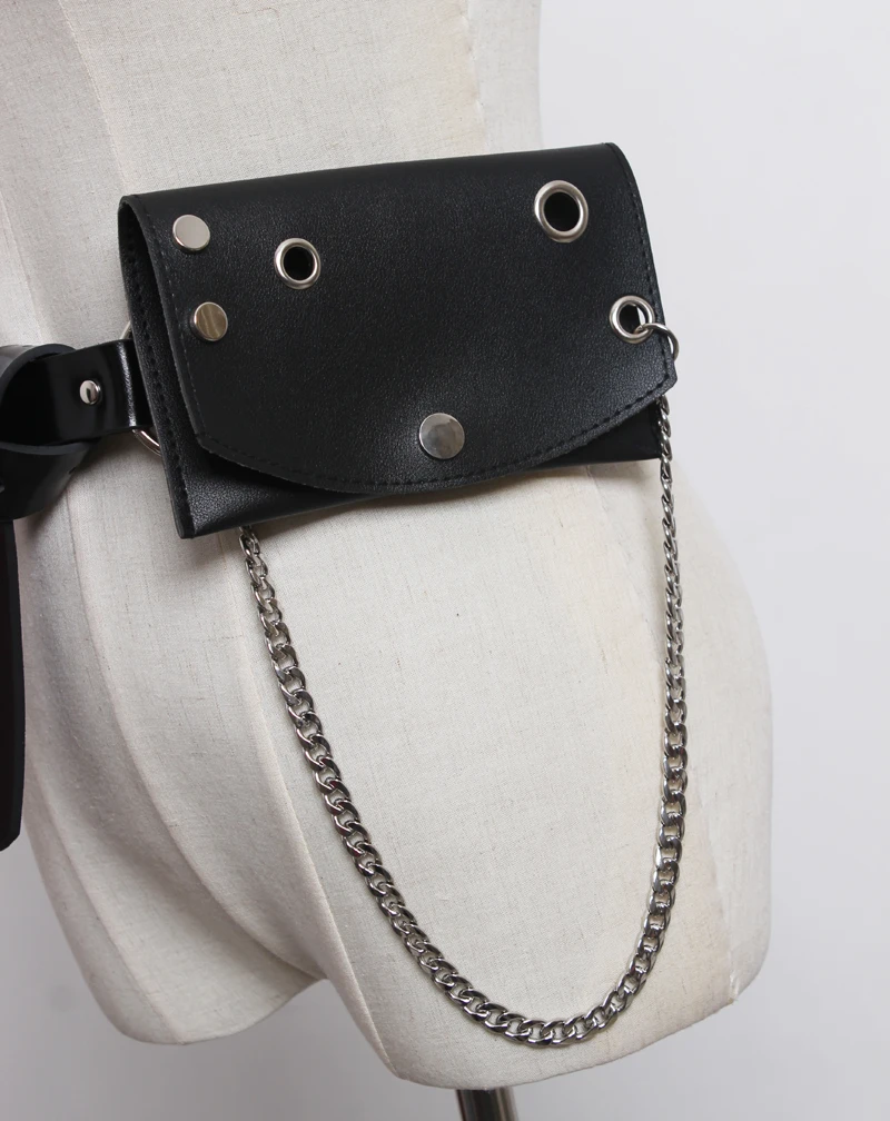 Женская сумка с ремнем из натуральной кожи, мини сумка на пояс с заклепками и цепочками, роскошная брендовая модная черная, высокое качество