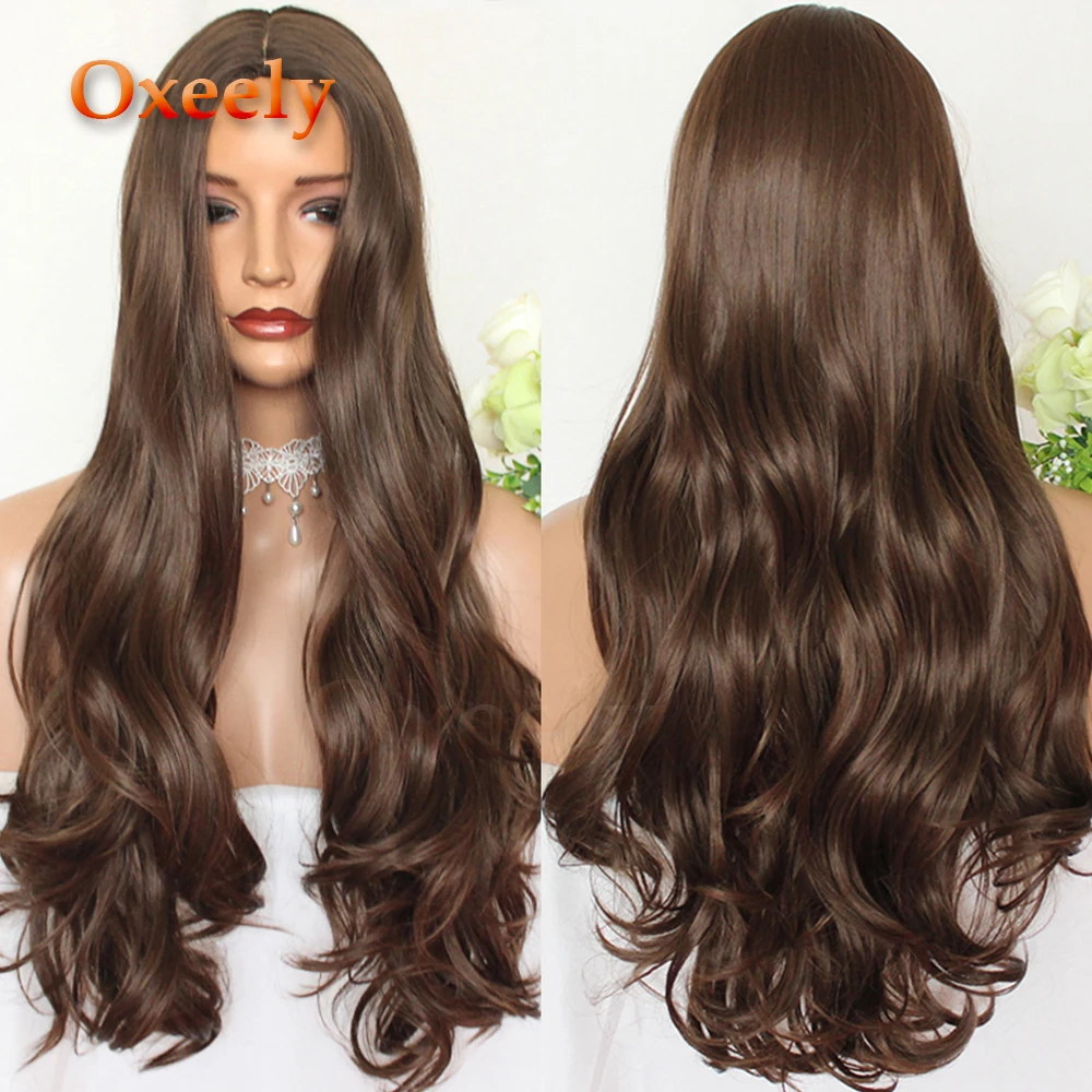 

Oxeely Natural Brown Wave Synthetic Hair Wigs #8 Long Wavy Hair 6" Deep Parting Heat Resistant None Lace Wig for Women