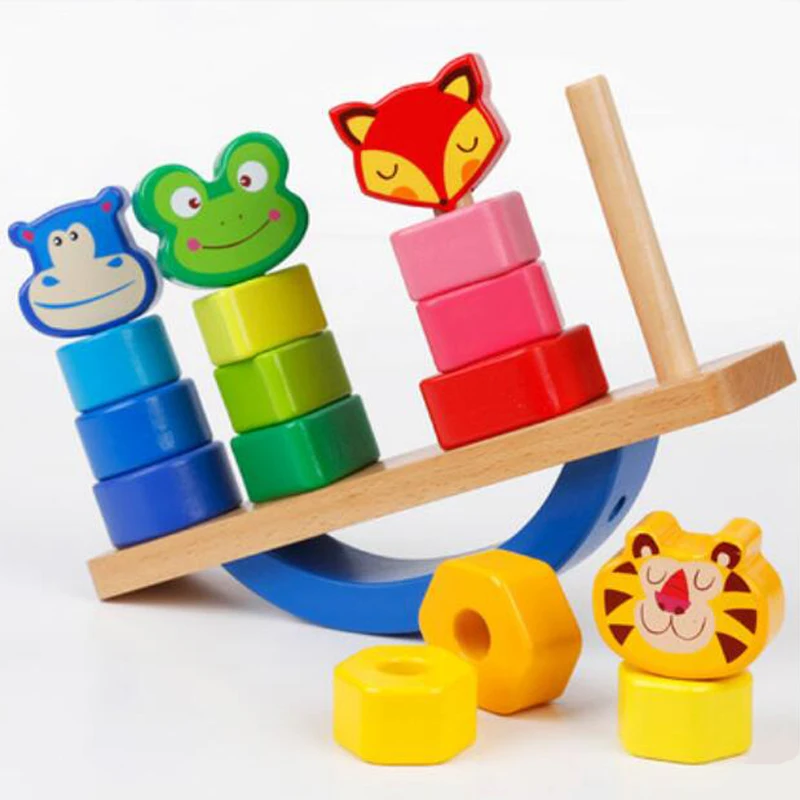 Wooden Building Blocks Toy Domino Stacker Cartoon Animals DIY Disassembling Model Jenga Education Toy for Baby Kids Children baby-building-blocks-wooden