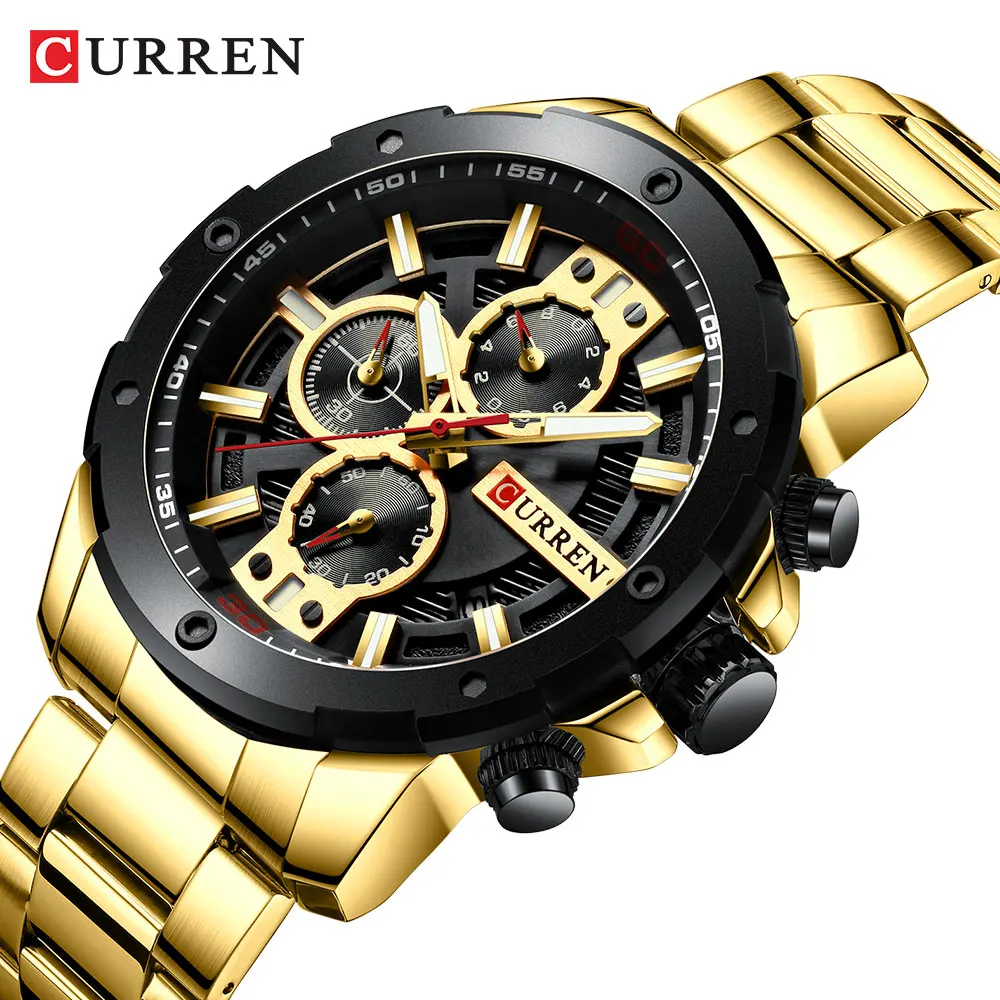

CURREN Cool Man Quartz Watch Golden Auto Date Chronograph Stainless Steel Strap 3ATM Waterproof Wristwatch Erkek Saat Male Clock
