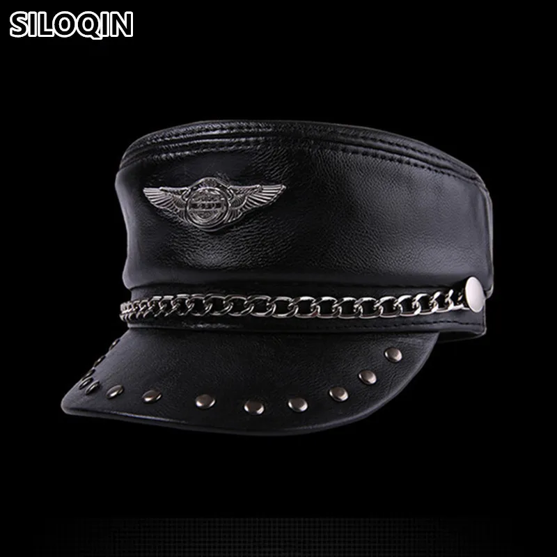 SILOQIN Genuine Leather Hat Elegant Cowhide Military Hats For Men Women Personality Hip-hop Caps Sn