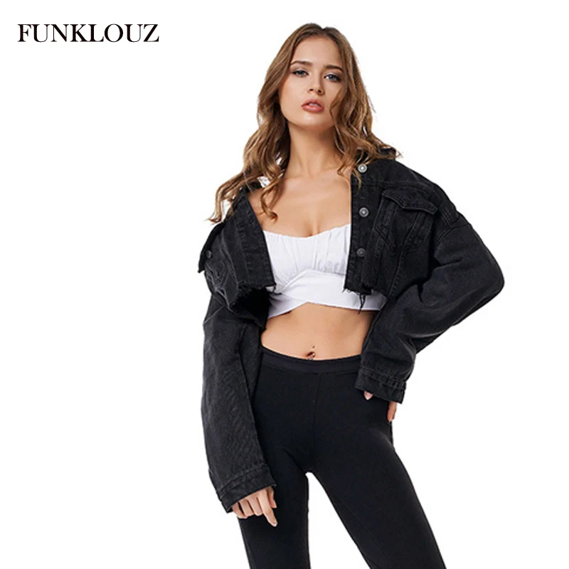 

FUNKLOUZ Autumn Black Frayed Hem Ripped Crop Denim Jean Jacket Women Drop Shoulder Long Sleeve Ladies Short Coat