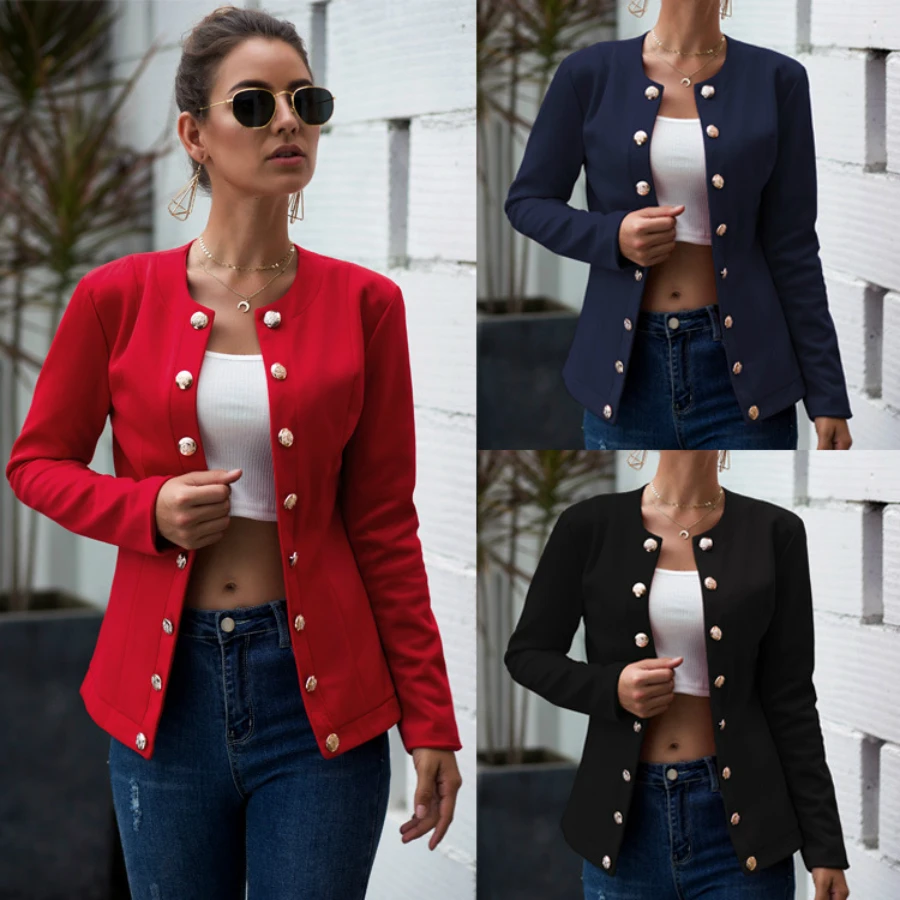 

Winter Lady Simple Solid Color Blazer Double-Breasted Slim Long-Sleeved Round Neck Coats and Jackets Women