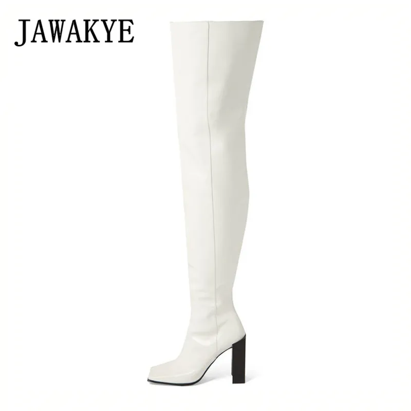 

2019 Retro Square Toe Chunky high heels Over The Knee Boots Women Solid Runway Thigh high Boots Botas Feminine