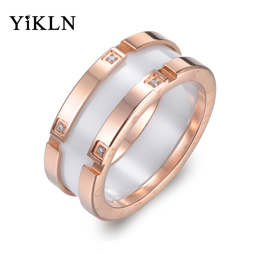 

YiKLN Original Design Stainless Steel Ceramic Rings Jewelry Rose Gold Mosaic Rhinestone Luxury Wedding Ring For Women YR17039
