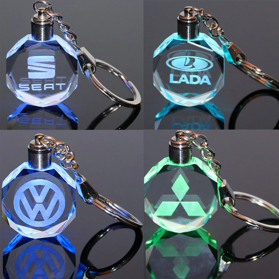 

2019 New Fashion Car Logo 3D Customized Keychain Laser Engraved Crystal Keyring Colorful LED Light Souvenir Drop Shipping