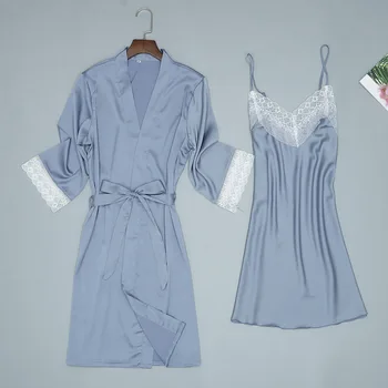 

Casual Female Summer Night Robe Sleepwear Sets Sexy Woman 2PC Strap Top Suit Pajamas Home Wear Nightwear Sleep Kimono Bath Gown