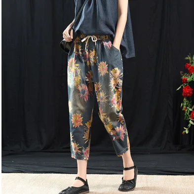 BUYKUD, женские джинсы, брюки, цветочный принт, Femme Pantalon, шнурок на талии, свободные, длина по щиколотку, брюки, новинка