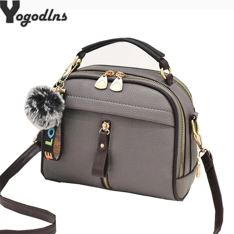 QGT Bag PU Leather Shoulder Bag Ladies Handbag Messenger Bag with Plush Ball Color : Grey 